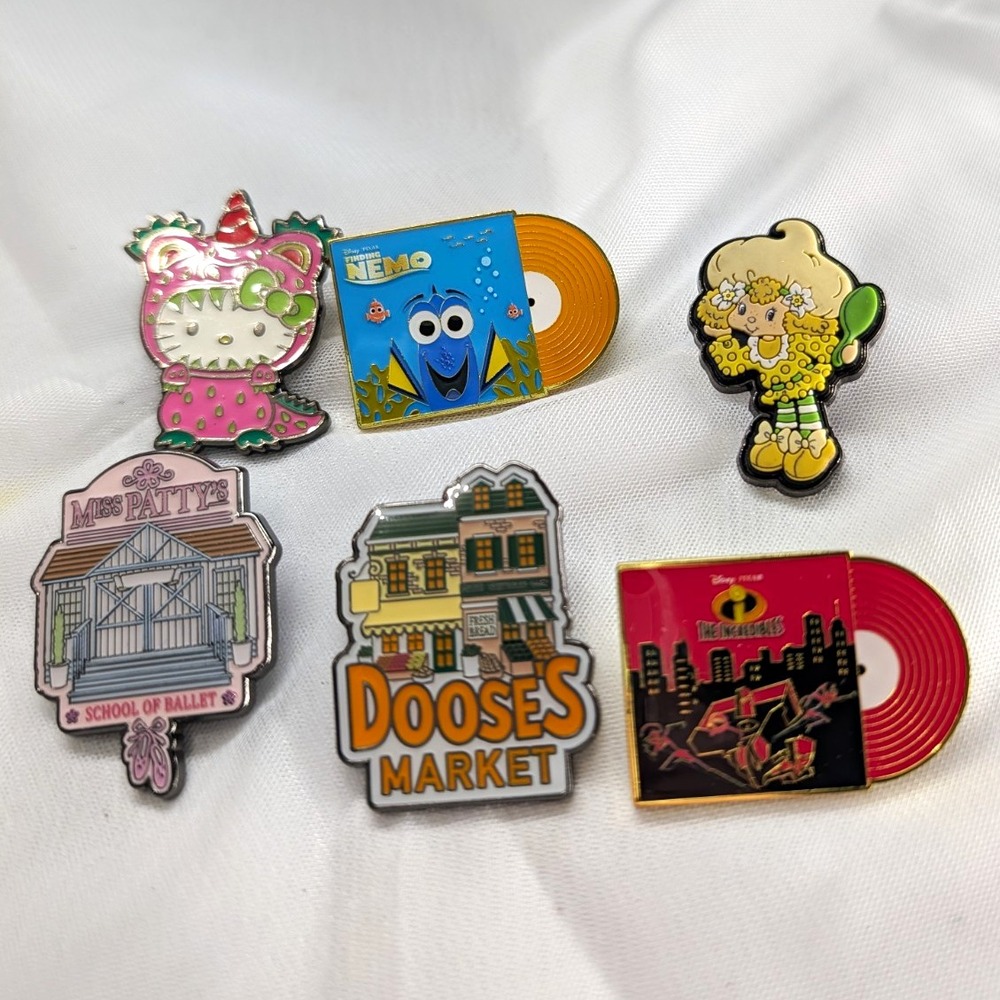 Lot of 6 Enamel Pins: Pixar, Gilmore Girls, Hello Kitty, Strawberry Shortcake